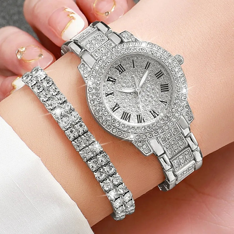 6PCS Luxury Rhinestone Women Quartz Watch Jewelry Set Elegant Ladies Wristwatch Accessories Gift Relogio Feminino（Without Box））