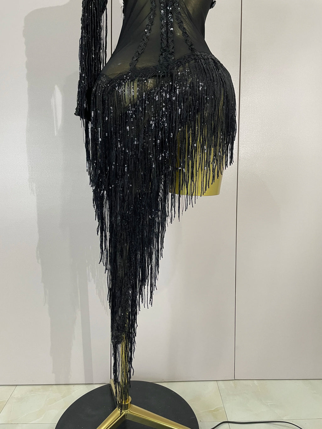 STOCK Sparkly Rhinestones Tassel Sexy See-Through Dress Women One Shoulder Latin Dance Outfits Bar Nightclub Party Stage Costume