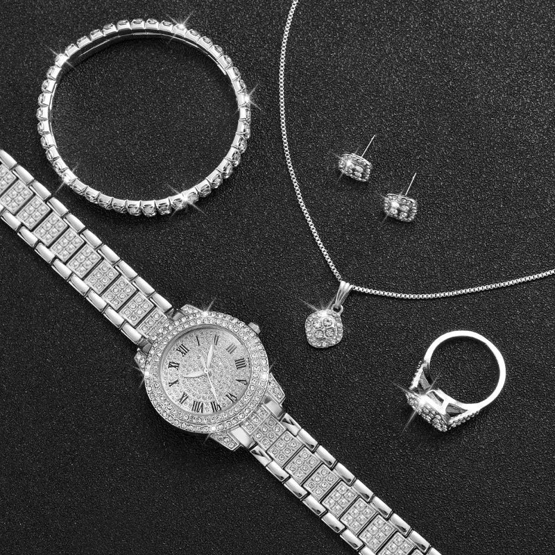 6PCS Luxury Rhinestone Women Quartz Watch Jewelry Set Elegant Ladies Wristwatch Accessories Gift Relogio Feminino（Without Box））
