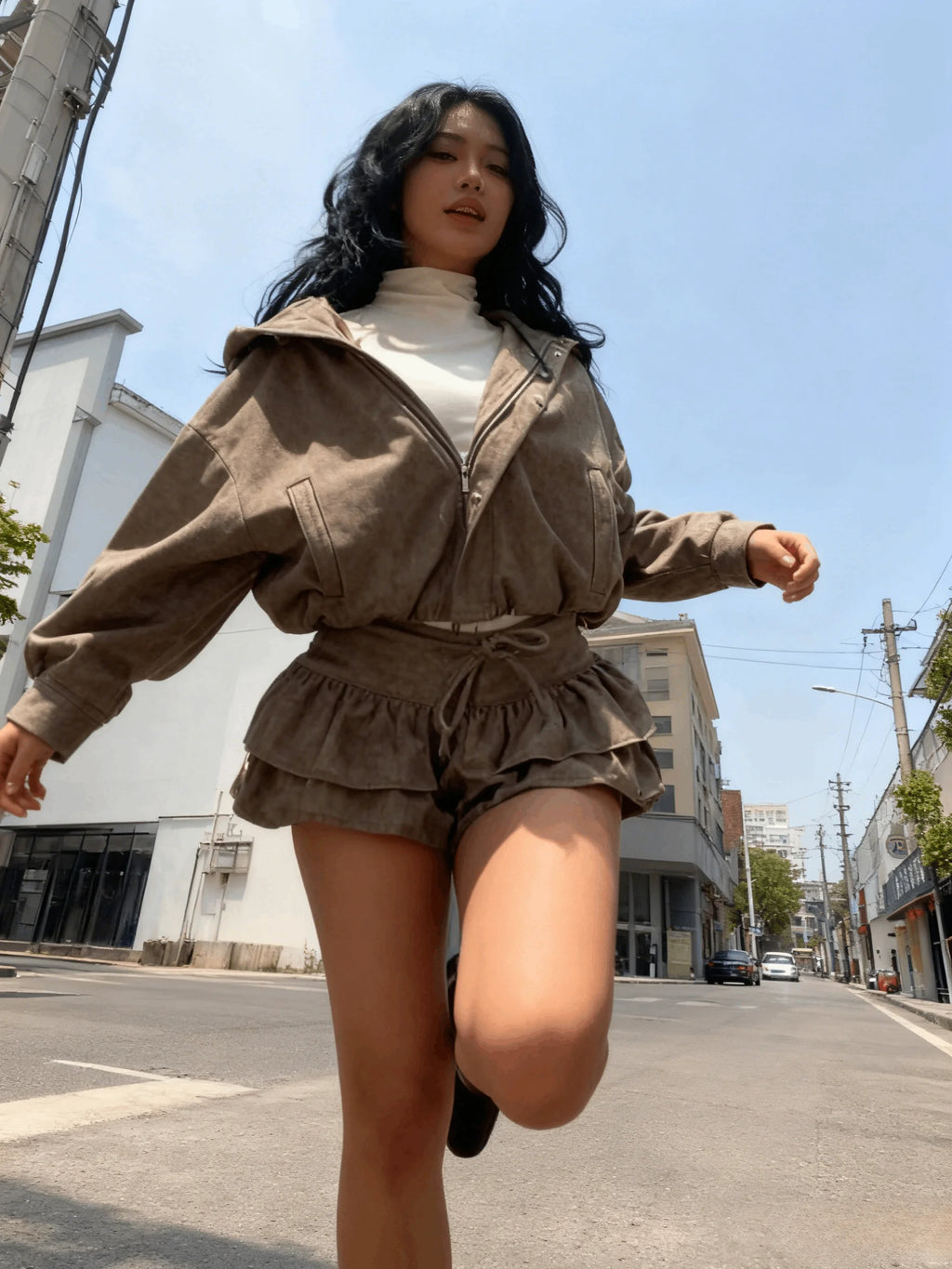 Street Women Sets Herringbone Twill Women's Jacket Elastic Hem Solid Bow Stacked Wave H em Women's Dress Casual Chic Suit Ladies