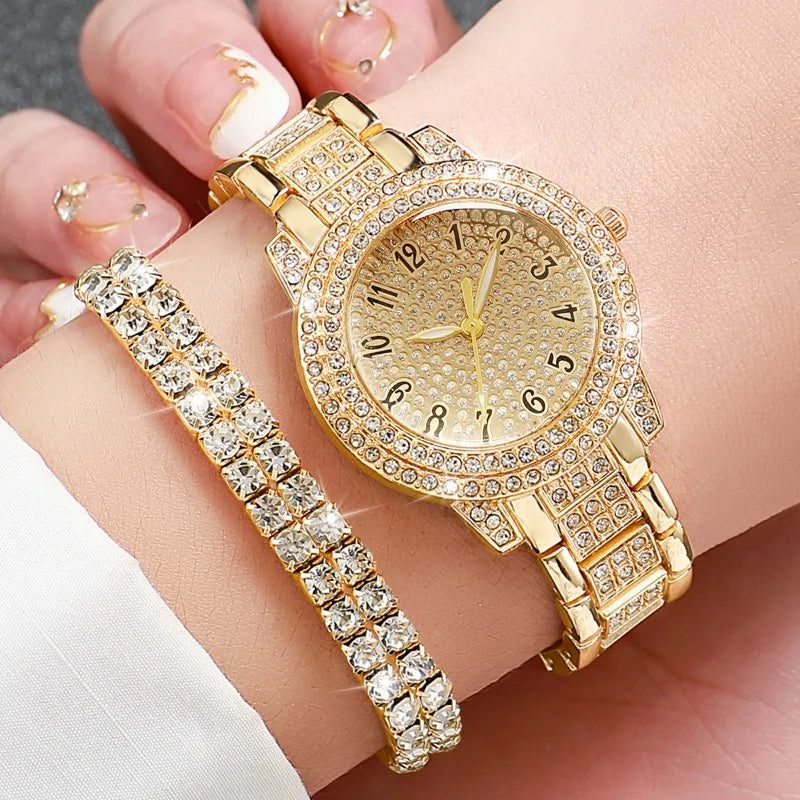 6PCS Luxury Rhinestone Women Quartz Watch Jewelry Set Elegant Ladies Wristwatch Accessories Gift Relogio Feminino（Without Box））
