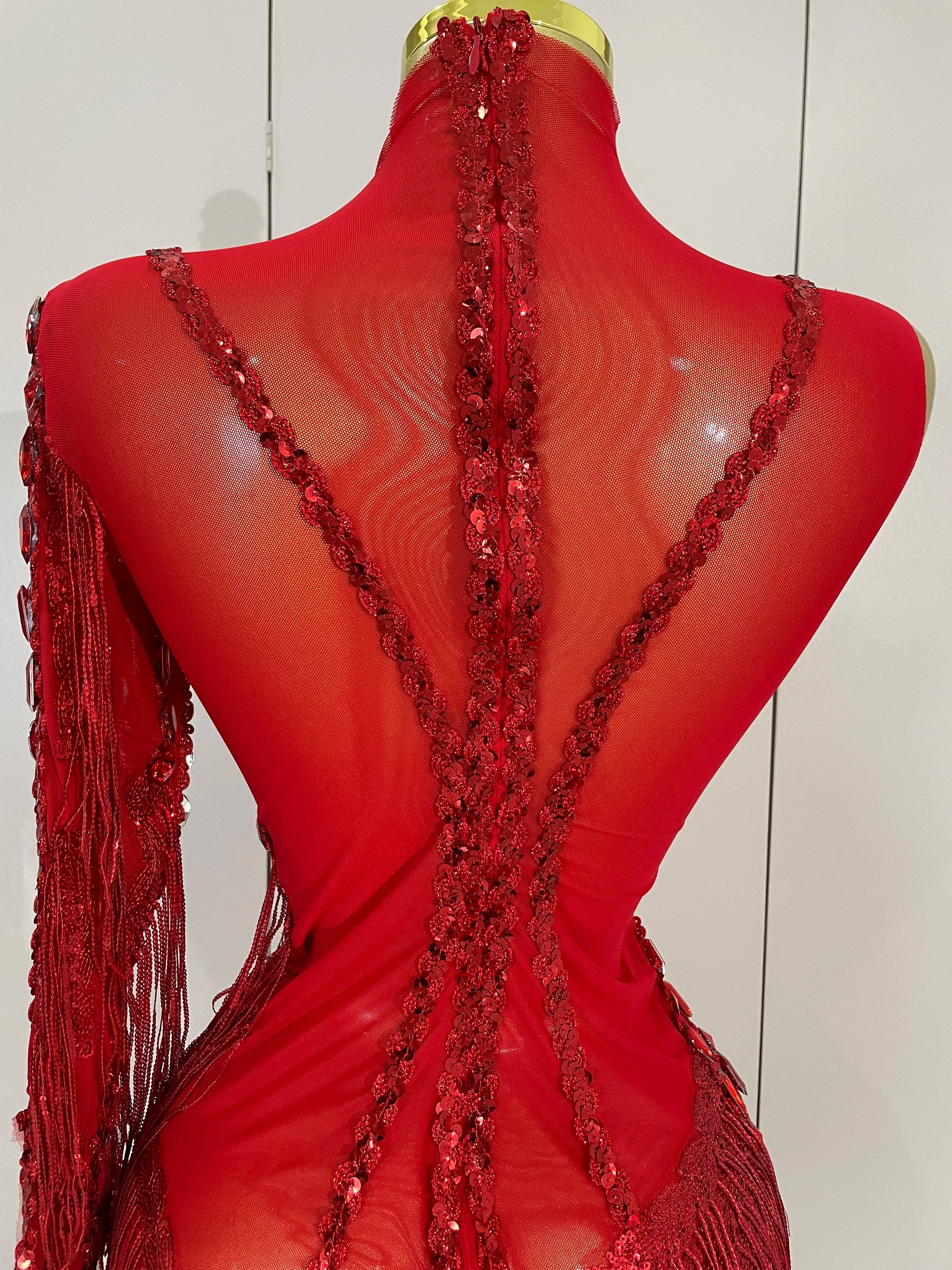 STOCK Sparkly Rhinestones Tassel Sexy See-Through Dress Women One Shoulder Latin Dance Outfits Bar Nightclub Party Stage Costume