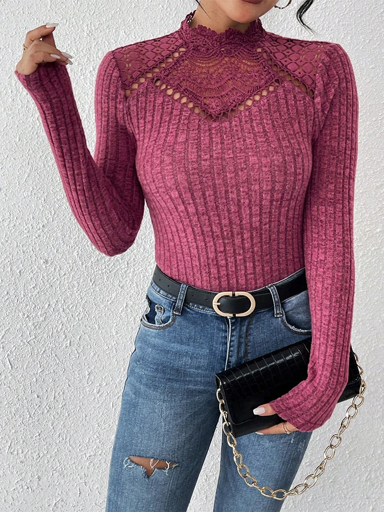 Women's Slim Fit High Neck Knitwear Spring Summer Fashion Chic Black Lace Patchwork Long Sleeve Thin Outerwear