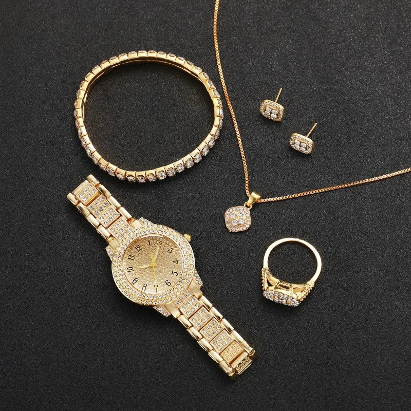 6PCS Luxury Rhinestone Women Quartz Watch Jewelry Set Elegant Ladies Wristwatch Accessories Gift Relogio Feminino（Without Box））