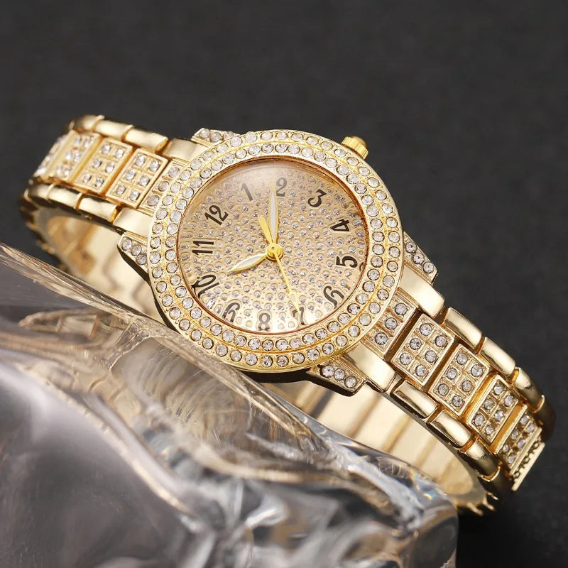 6PCS Luxury Rhinestone Women Quartz Watch Jewelry Set Elegant Ladies Wristwatch Accessories Gift Relogio Feminino（Without Box））