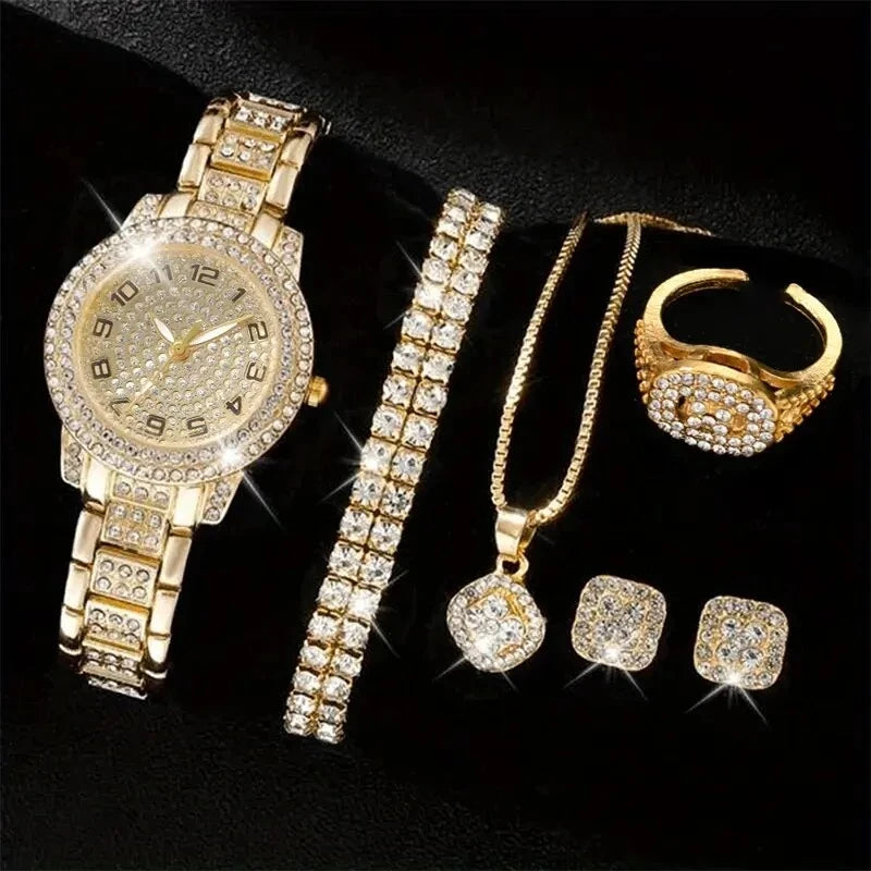 6PCS Luxury Rhinestone Women Quartz Watch Jewelry Set Elegant Ladies Wristwatch Accessories Gift Relogio Feminino（Without Box））
