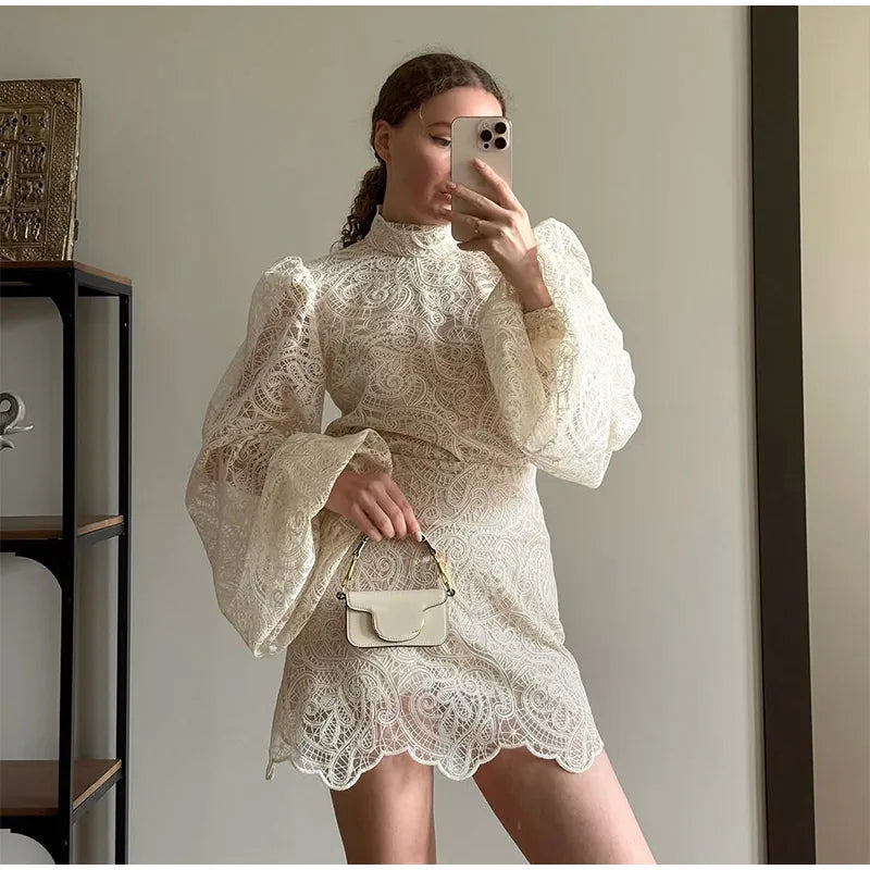 Solid Lace Hollow Out Mini Skirt Set Women Elegant Stand Collar Long Sleeve Shirt Suit 2025 Lady Fashion Commuter Street Outfits