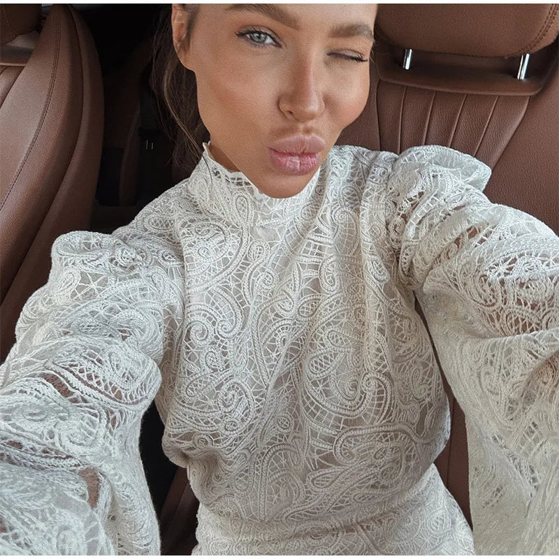 Solid Lace Hollow Out Mini Skirt Set Women Elegant Stand Collar Long Sleeve Shirt Suit 2025 Lady Fashion Commuter Street Outfits