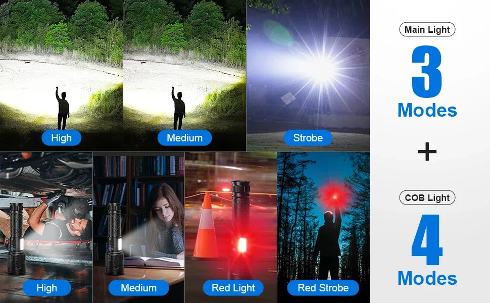 990000LM High Power Rechargeable Flashlights Super Bright LED Flashlight 7 Mode Powerful Flash Light Power Bank for Home Camping