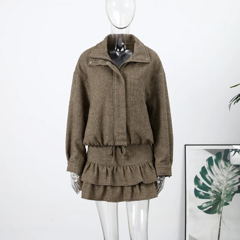 Street Women Sets Herringbone Twill Women's Jacket Elastic Hem Solid Bow Stacked Wave H em Women's Dress Casual Chic Suit Ladies