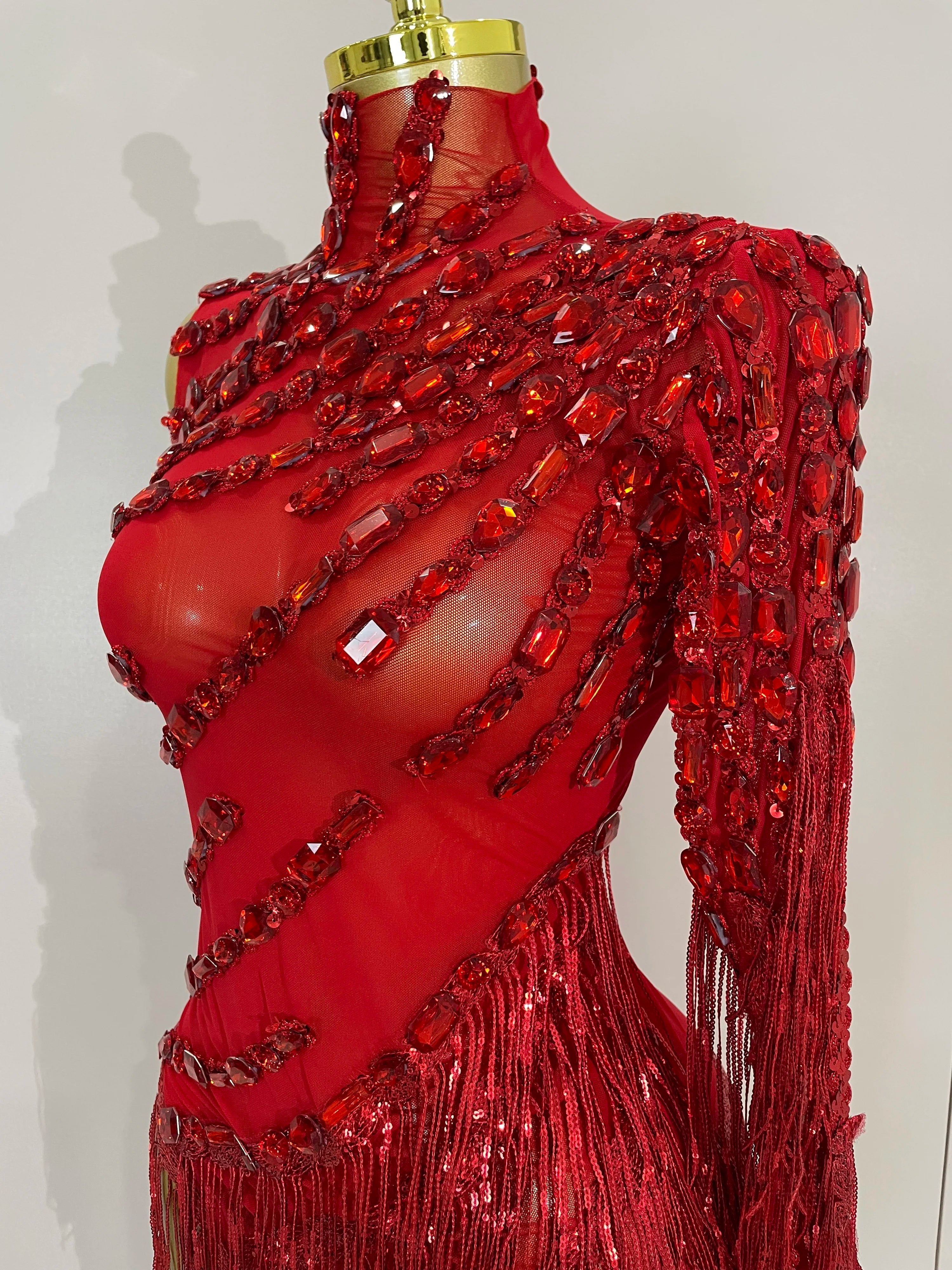 STOCK Sparkly Rhinestones Tassel Sexy See-Through Dress Women One Shoulder Latin Dance Outfits Bar Nightclub Party Stage Costume