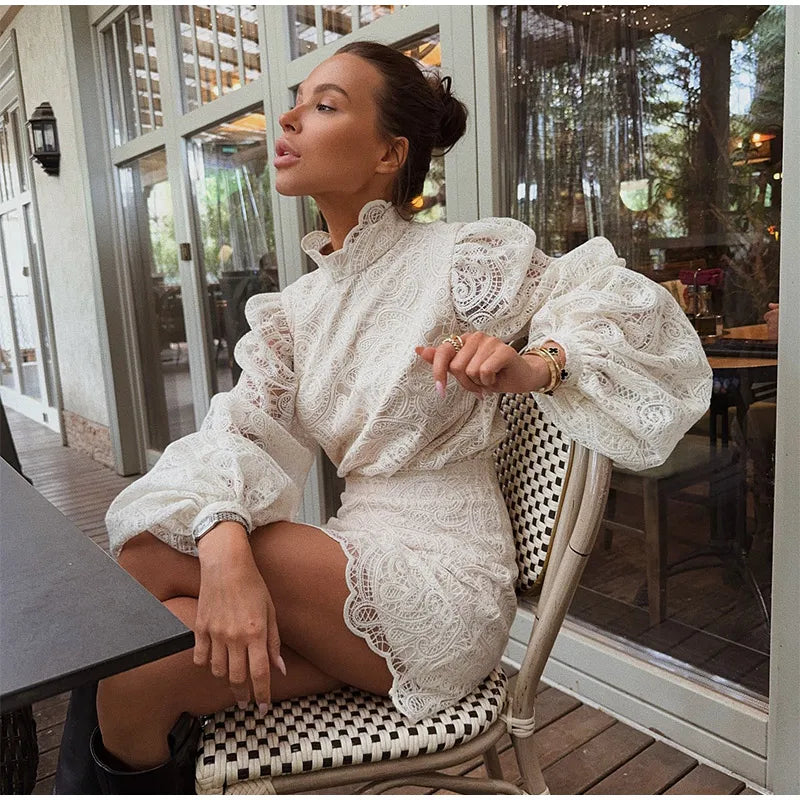 Solid Lace Hollow Out Mini Skirt Set Women Elegant Stand Collar Long Sleeve Shirt Suit 2025 Lady Fashion Commuter Street Outfits