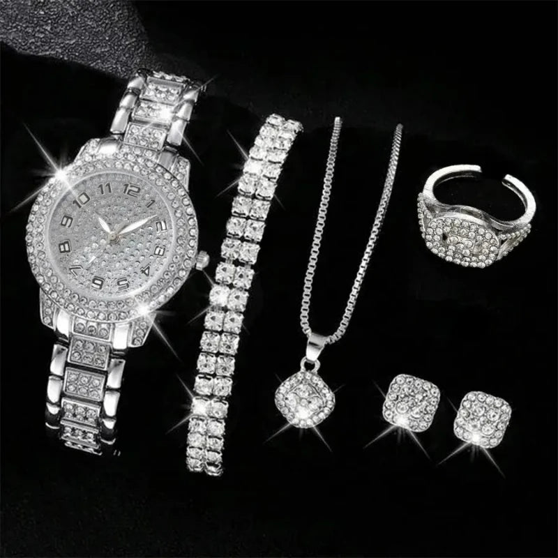 6PCS Luxury Rhinestone Women Quartz Watch Jewelry Set Elegant Ladies Wristwatch Accessories Gift Relogio Feminino（Without Box））