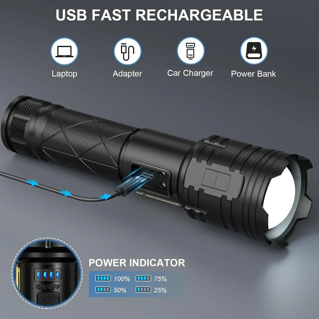 990000LM High Power Rechargeable Flashlights Super Bright LED Flashlight 7 Mode Powerful Flash Light Power Bank for Home Camping