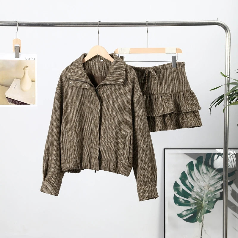 Street Women Sets Herringbone Twill Women's Jacket Elastic Hem Solid Bow Stacked Wave H em Women's Dress Casual Chic Suit Ladies