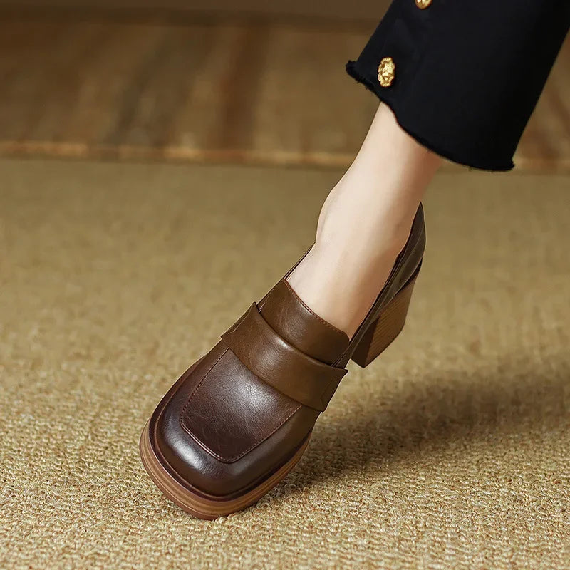 Shoes for Women Retro British Style Thick High Heels Loafers Platform Leather Shoes 2024 summer new French Square Toe Women Shoe