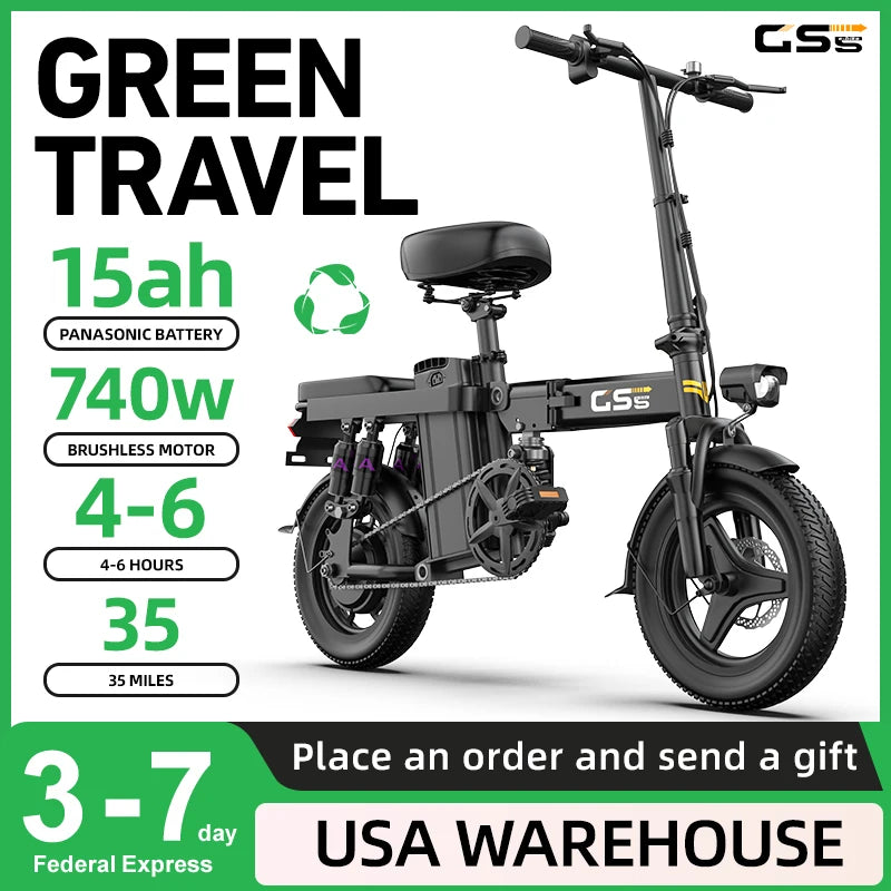 GS5 48V 15AH Battery EBike, 20+MPH, 740W Folding Electric Bike, 20 Miles Max Range Electric Bike for Adults, 14" Fat Tire