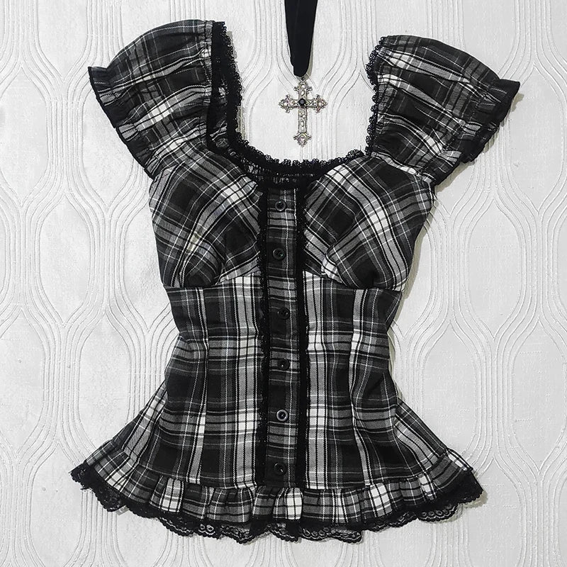 Y2K Gothic Aesthetic Top Square Neck Women's Retro Harajuku Fashion Casual Fairy Style Sweet and Cute Emotional Girl