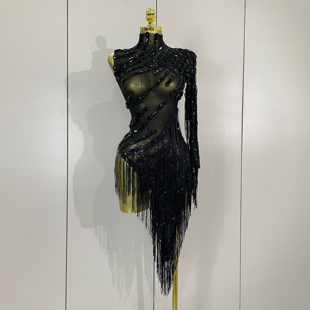 STOCK Sparkly Rhinestones Tassel Sexy See-Through Dress Women One Shoulder Latin Dance Outfits Bar Nightclub Party Stage Costume