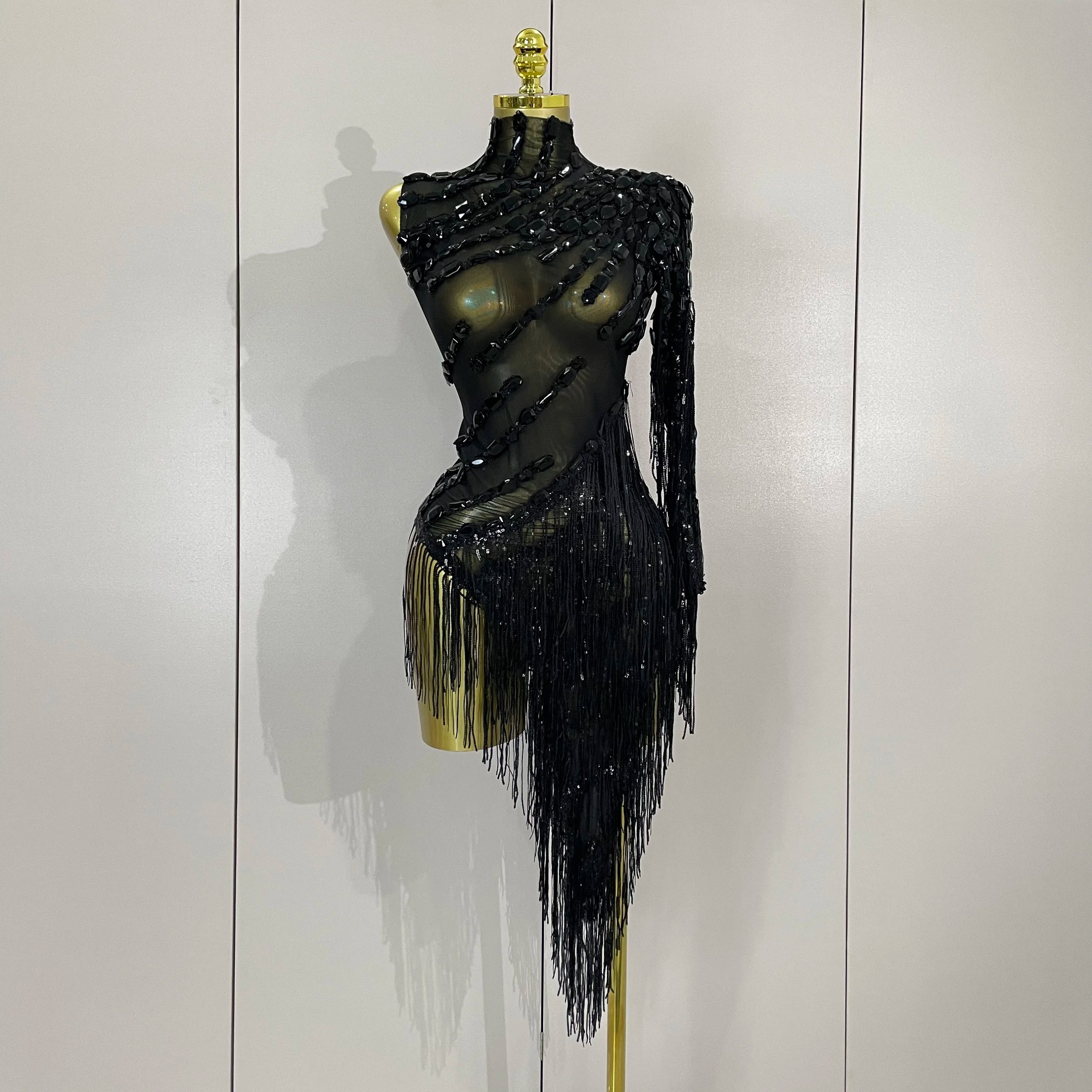 STOCK Sparkly Rhinestones Tassel Sexy See-Through Dress Women One Shoulder Latin Dance Outfits Bar Nightclub Party Stage Costume