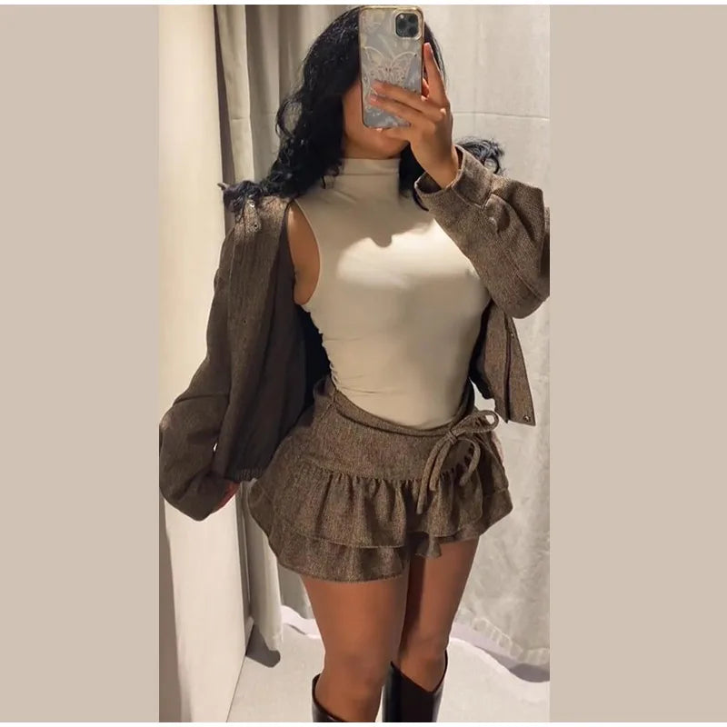Street Women Sets Herringbone Twill Women's Jacket Elastic Hem Solid Bow Stacked Wave H em Women's Dress Casual Chic Suit Ladies