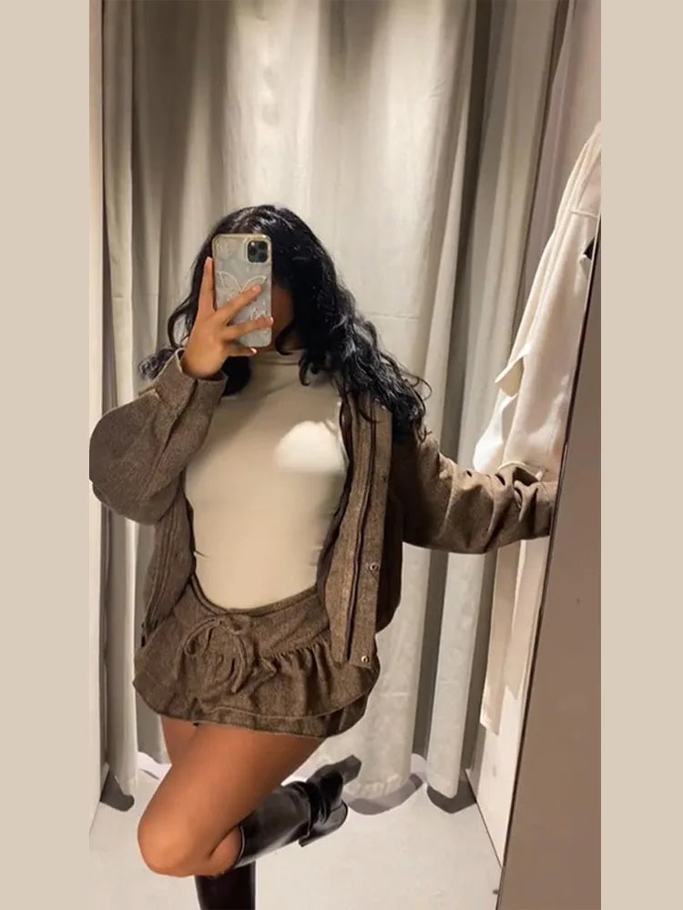 Street Women Sets Herringbone Twill Women's Jacket Elastic Hem Solid Bow Stacked Wave H em Women's Dress Casual Chic Suit Ladies