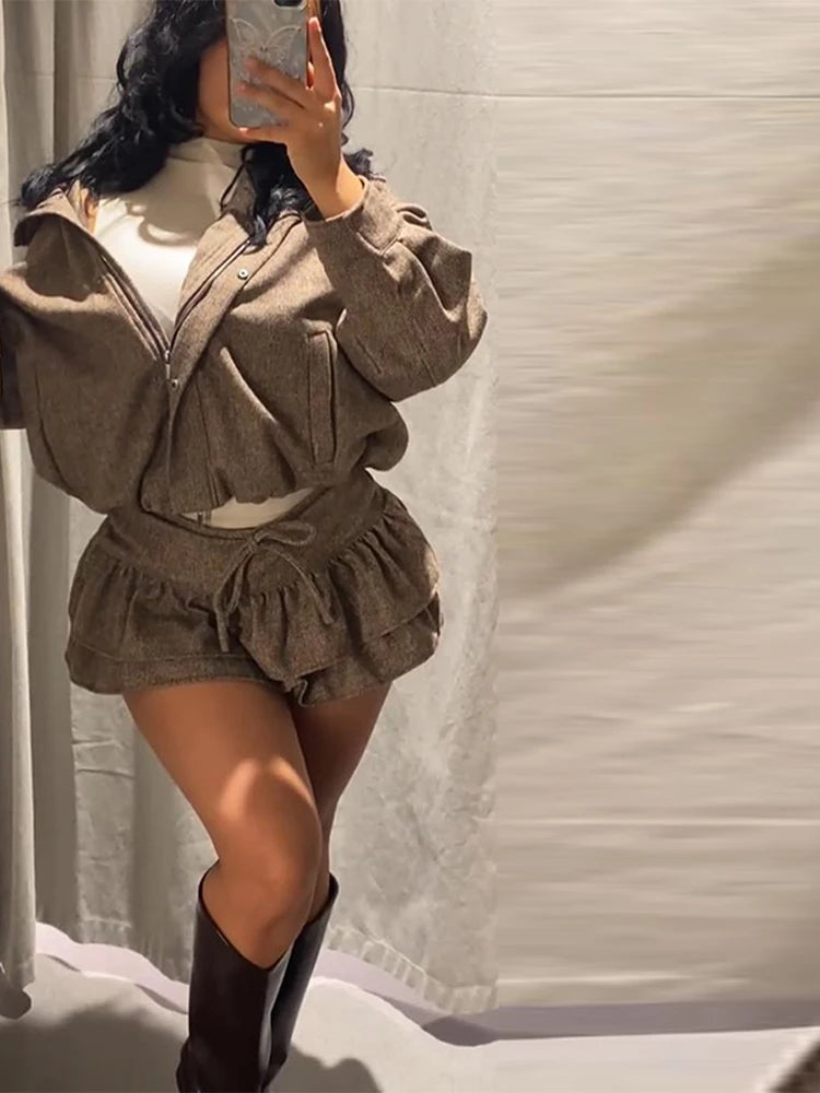 Street Women Sets Herringbone Twill Women's Jacket Elastic Hem Solid Bow Stacked Wave H em Women's Dress Casual Chic Suit Ladies