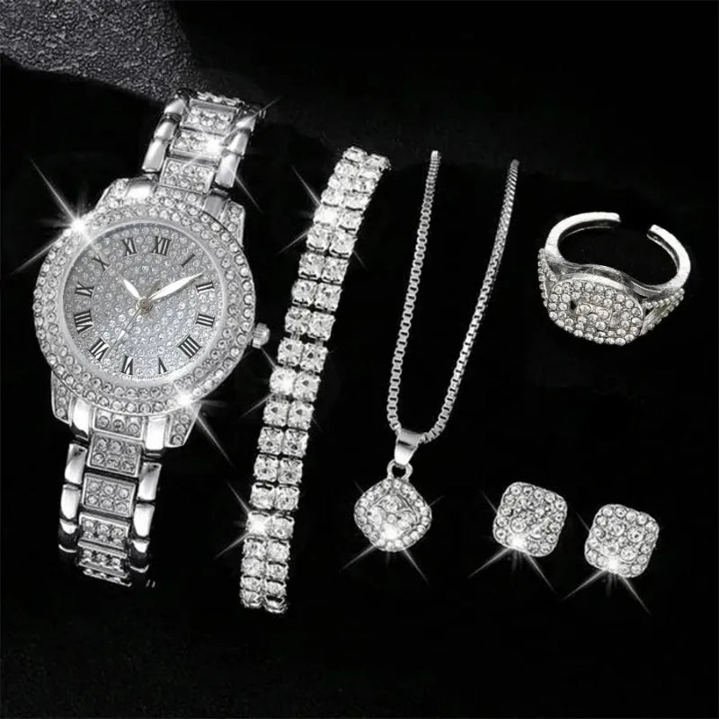 6PCS Luxury Rhinestone Women Quartz Watch Jewelry Set Elegant Ladies Wristwatch Accessories Gift Relogio Feminino（Without Box））