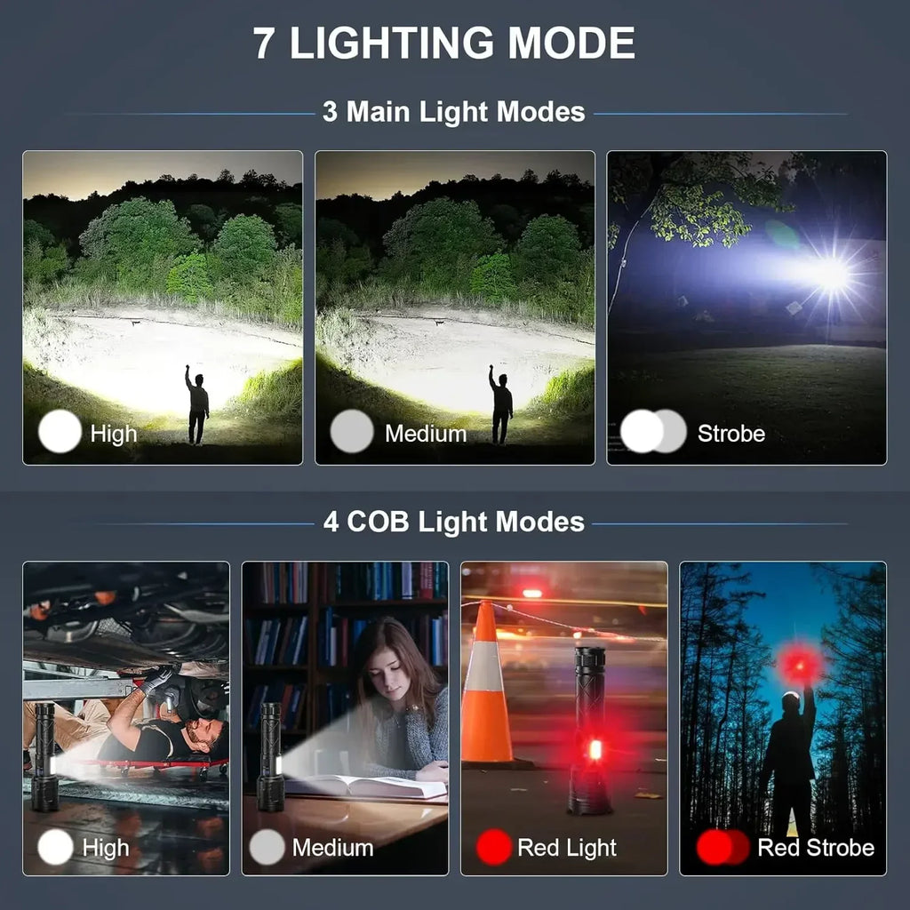 990000LM High Power Rechargeable Flashlights Super Bright LED Flashlight 7 Mode Powerful Flash Light Power Bank for Home Camping