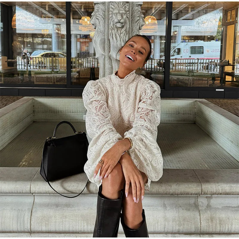 Solid Lace Hollow Out Mini Skirt Set Women Elegant Stand Collar Long Sleeve Shirt Suit 2025 Lady Fashion Commuter Street Outfits