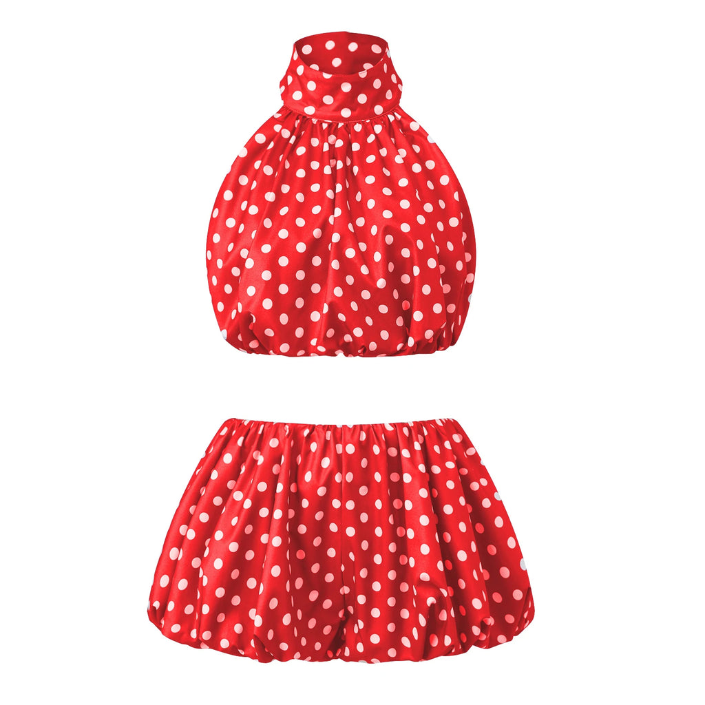 Two Pieces Set for Women Solid Color/Dot Sleeveless Backless Halter Neck Crop Tops with Mini Skirt Summer Suits