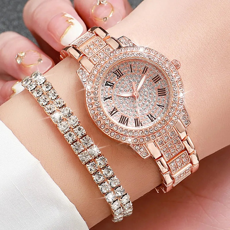 6PCS Luxury Rhinestone Women Quartz Watch Jewelry Set Elegant Ladies Wristwatch Accessories Gift Relogio Feminino（Without Box））