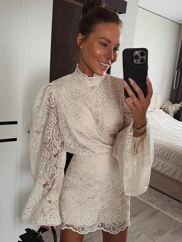 Solid Lace Hollow Out Mini Skirt Set Women Elegant Stand Collar Long Sleeve Shirt Suit 2025 Lady Fashion Commuter Street Outfits