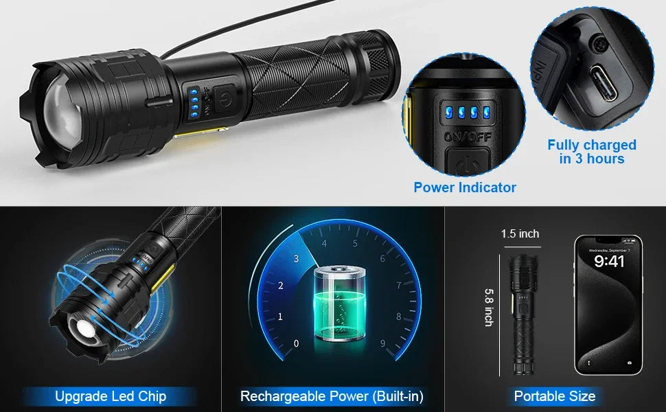 990000LM High Power Rechargeable Flashlights Super Bright LED Flashlight 7 Mode Powerful Flash Light Power Bank for Home Camping