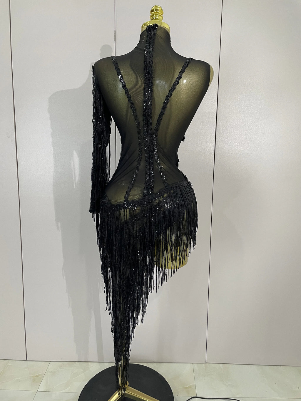 STOCK Sparkly Rhinestones Tassel Sexy See-Through Dress Women One Shoulder Latin Dance Outfits Bar Nightclub Party Stage Costume