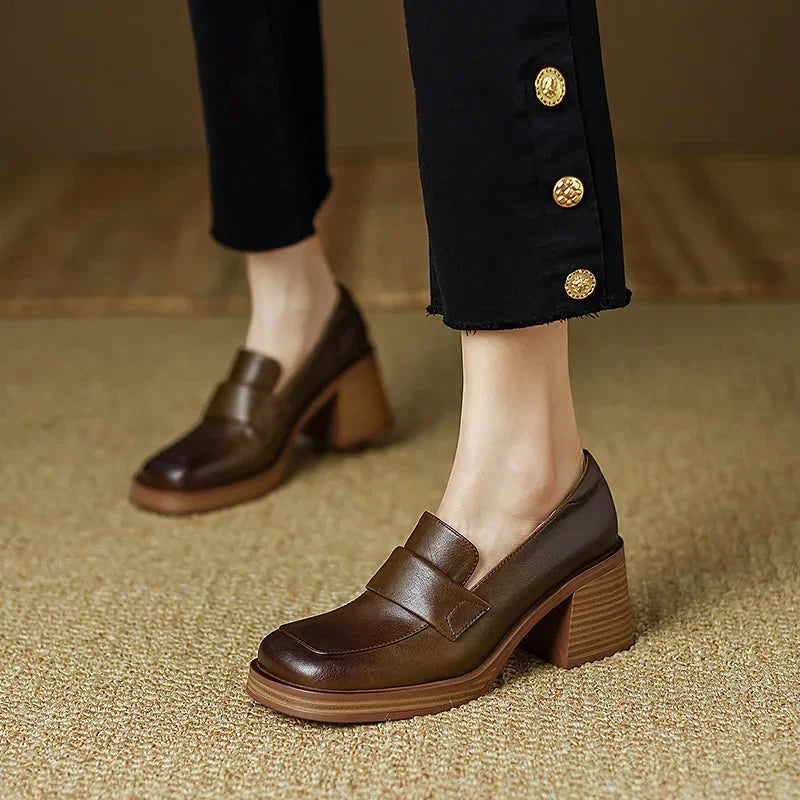 Shoes for Women Retro British Style Thick High Heels Loafers Platform Leather Shoes 2024 summer new French Square Toe Women Shoe