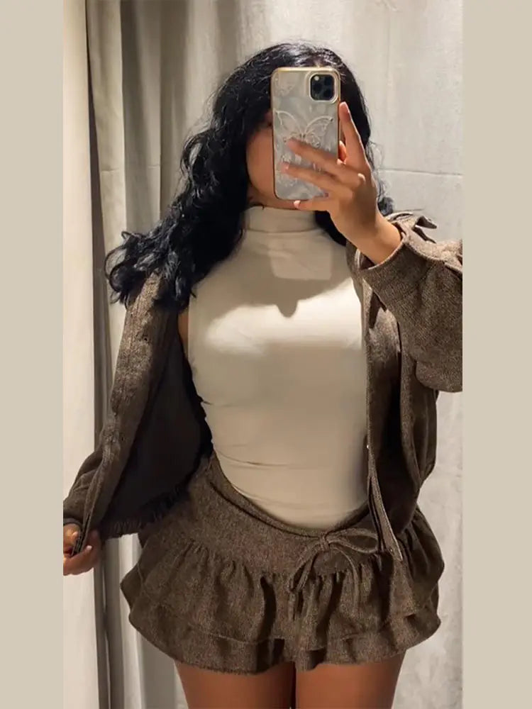 Street Women Sets Herringbone Twill Women's Jacket Elastic Hem Solid Bow Stacked Wave H em Women's Dress Casual Chic Suit Ladies