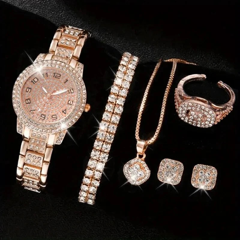 6PCS Luxury Rhinestone Women Quartz Watch Jewelry Set Elegant Ladies Wristwatch Accessories Gift Relogio Feminino（Without Box））