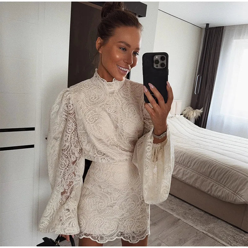 Solid Lace Hollow Out Mini Skirt Set Women Elegant Stand Collar Long Sleeve Shirt Suit 2025 Lady Fashion Commuter Street Outfits
