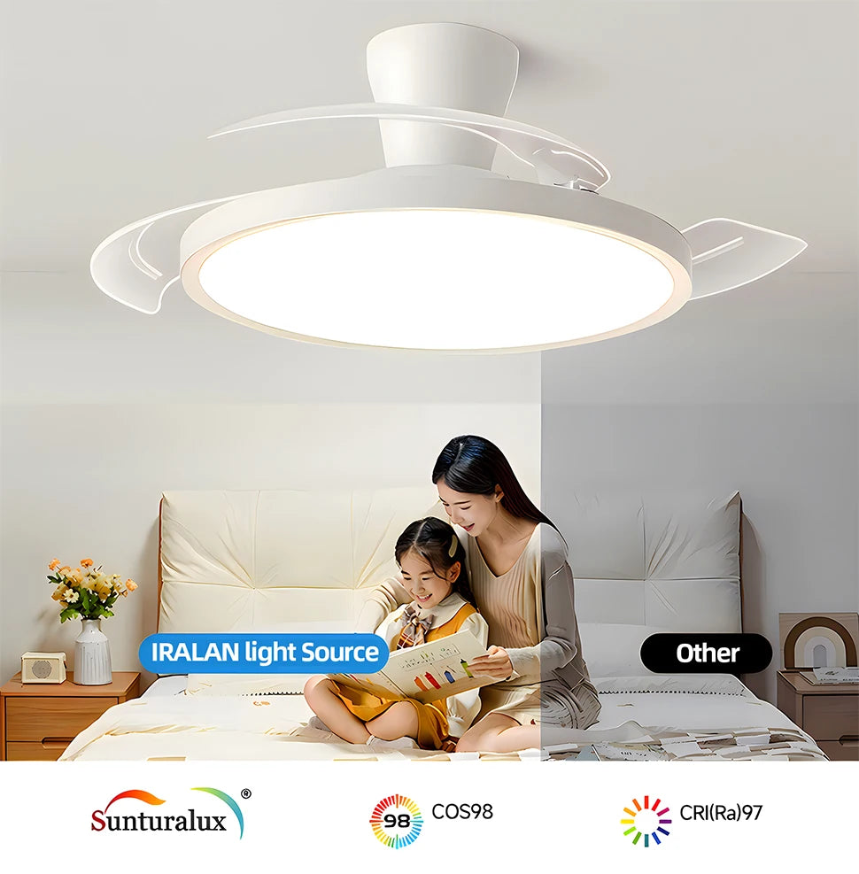 IRALAN Modern Invisible Ceiling Fan with LED Light DC motor Large Air Volume Remote Control for Bedroom Dining room