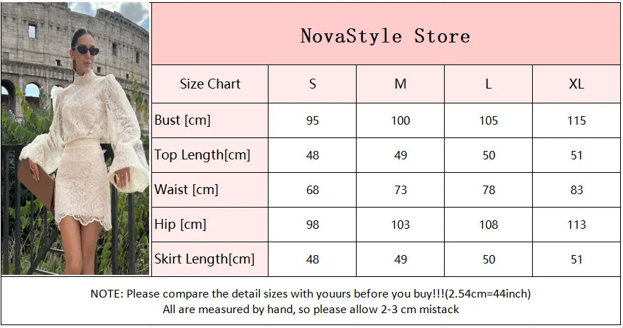 Solid Lace Hollow Out Mini Skirt Set Women Elegant Stand Collar Long Sleeve Shirt Suit 2025 Lady Fashion Commuter Street Outfits