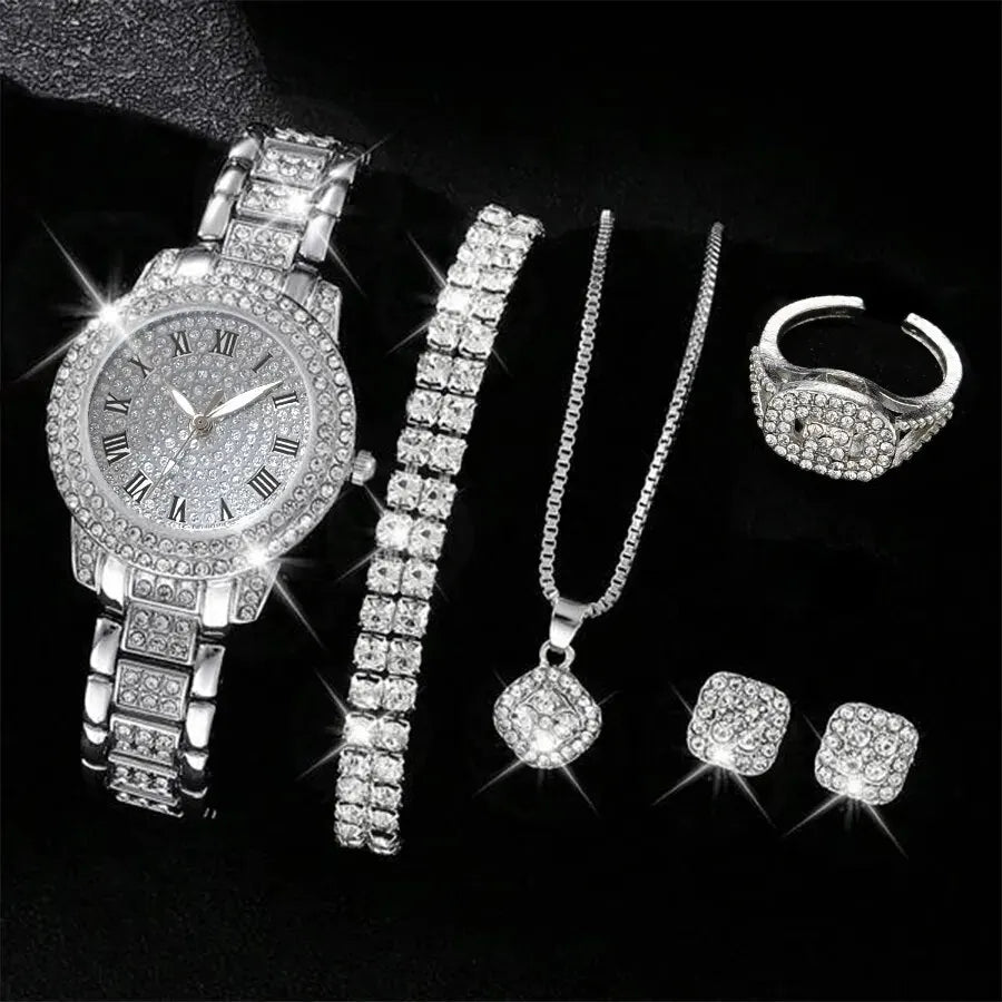6PCS Luxury Rhinestone Women Quartz Watch Jewelry Set Elegant Ladies Wristwatch Accessories Gift Relogio Feminino（Without Box））