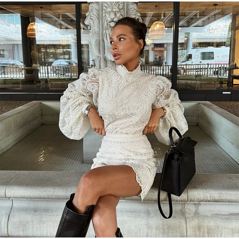 Solid Lace Hollow Out Mini Skirt Set Women Elegant Stand Collar Long Sleeve Shirt Suit 2025 Lady Fashion Commuter Street Outfits