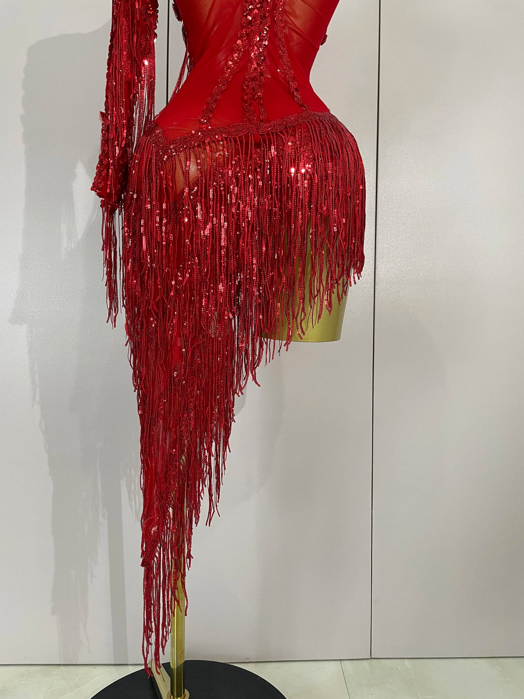 STOCK Sparkly Rhinestones Tassel Sexy See-Through Dress Women One Shoulder Latin Dance Outfits Bar Nightclub Party Stage Costume