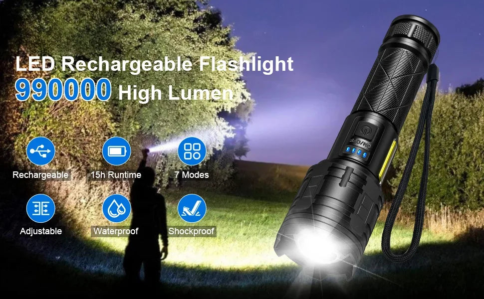 990000LM High Power Rechargeable Flashlights Super Bright LED Flashlight 7 Mode Powerful Flash Light Power Bank for Home Camping