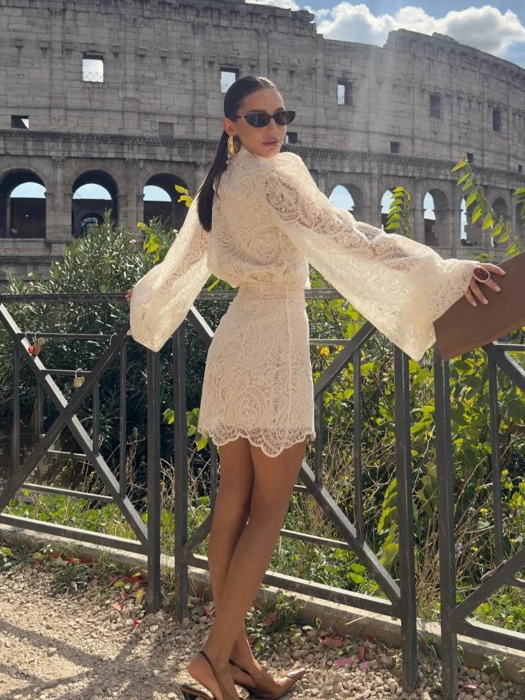 Solid Lace Hollow Out Mini Skirt Set Women Elegant Stand Collar Long Sleeve Shirt Suit 2025 Lady Fashion Commuter Street Outfits