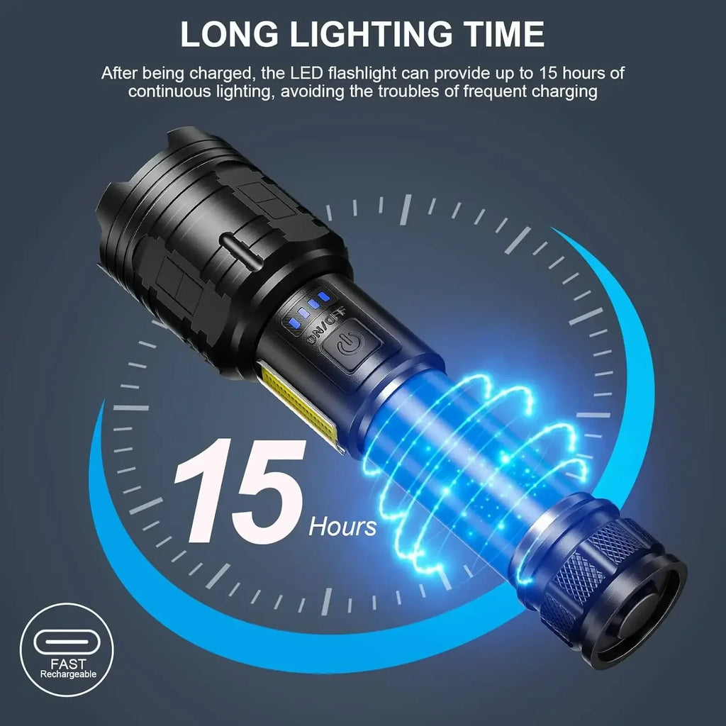 990000LM High Power Rechargeable Flashlights Super Bright LED Flashlight 7 Mode Powerful Flash Light Power Bank for Home Camping