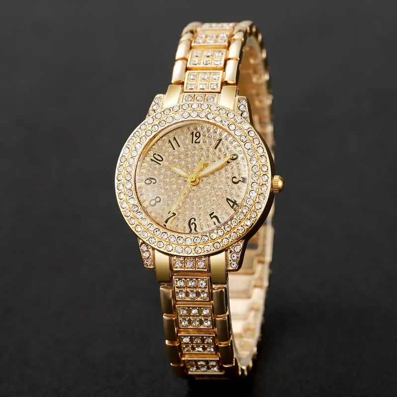 6PCS Luxury Rhinestone Women Quartz Watch Jewelry Set Elegant Ladies Wristwatch Accessories Gift Relogio Feminino（Without Box））