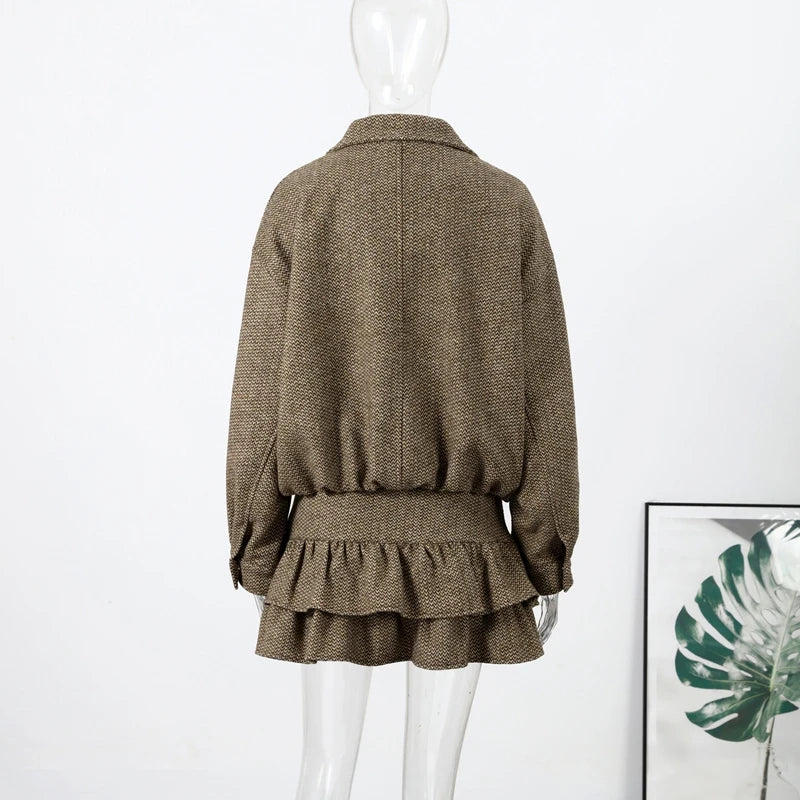Street Women Sets Herringbone Twill Women's Jacket Elastic Hem Solid Bow Stacked Wave H em Women's Dress Casual Chic Suit Ladies