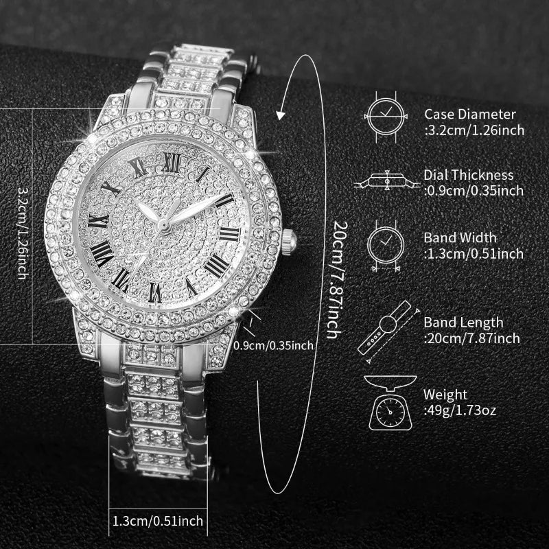 6PCS Luxury Rhinestone Women Quartz Watch Jewelry Set Elegant Ladies Wristwatch Accessories Gift Relogio Feminino（Without Box））
